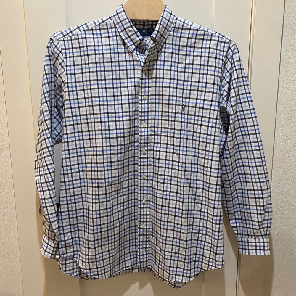 Polo Ralph Lauren Mens XLT Blue White Check Button Down Shirt Long Sleeve Cotton